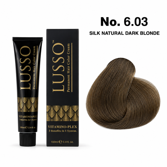 LUSSO Permanent Hair Colour Cream 100 ml No. 6.03 Silk Natural Dark Blonde with colour swatch