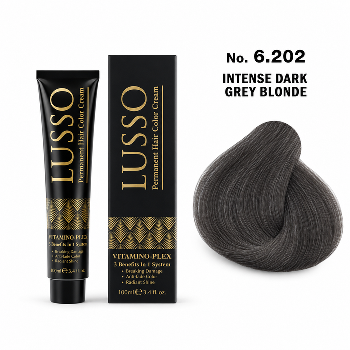 LUSSO Permanent Hair Colour Cream 100 ml No. 6.202 Intense Dark Grey Blonde with colour swatch