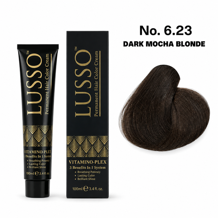LUSSO Permanent Hair Colour Cream 100 ml No. 6.23 Dark Mocha Blonde with colour swatch