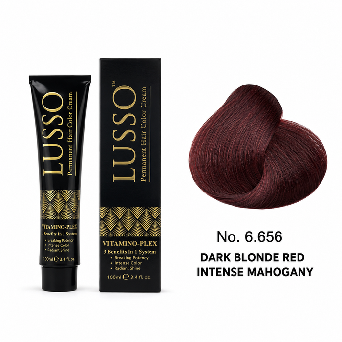 LUSSO Permanent Hair Colour Cream 100 ml No. 6.656 Dark Blonde Red Intense Mahogany with colour swatch