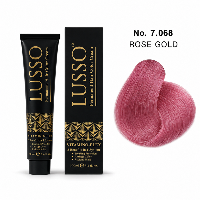 LUSSO Permanent Hair Colour Cream 100 ml No. 7.068 Rose Gold with colour swatch