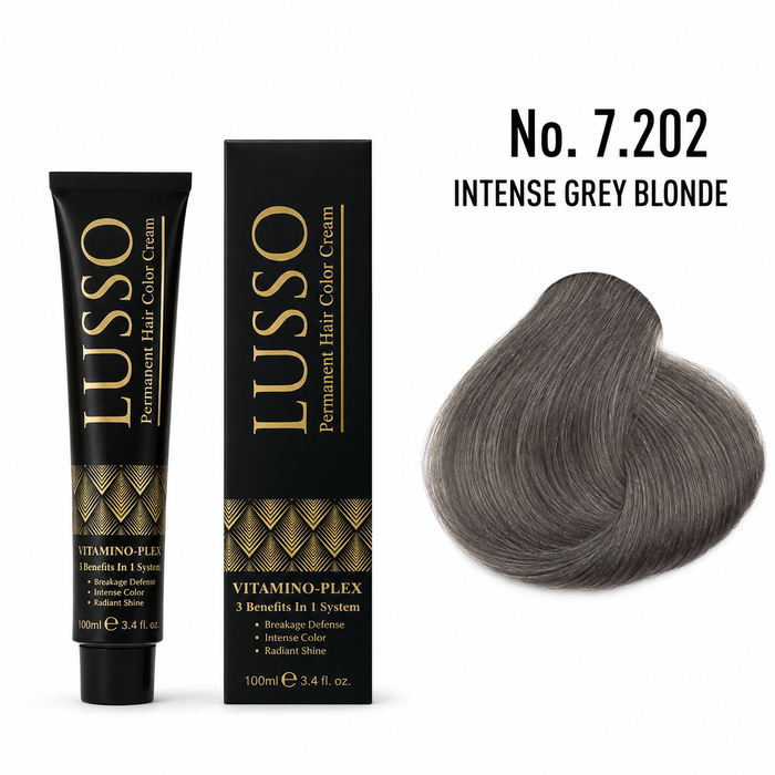 LUSSO Permanent Hair Colour Cream 100 ml No. 7.202 Intense Grey Blonde with colour swatch