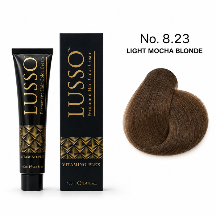 LUSSO Permanent Hair Colour Cream 100 ml No. 8.23 Light Mocha Blonde with colour swatch