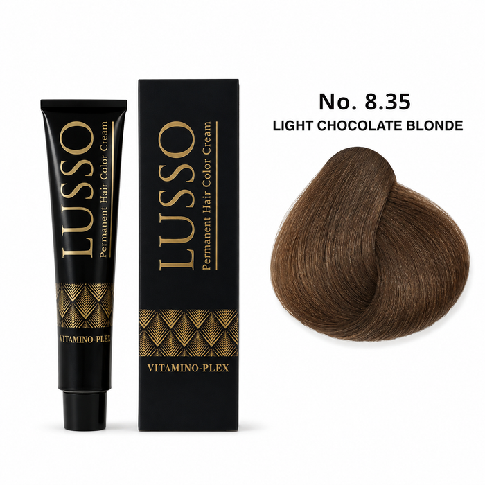 LUSSO Permanent Hair Colour Cream 100 ml No. 8.35 Light Chocolate Blonde with colour swatch