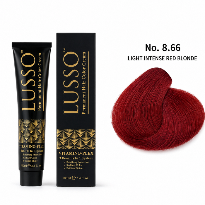 LUSSO Permanent Hair Colour Cream 100 ml No. 8.66 Light Intense Red Blonde with colour swatch