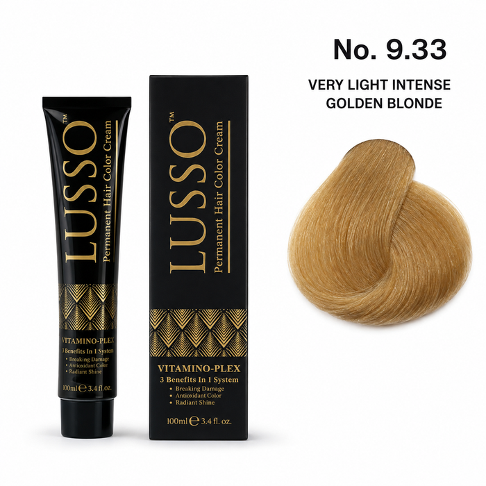 LUSSO Permanent Hair Colour Cream 100 ml No. 9.33 Very Light Intense Golden Blonde with colour swatch