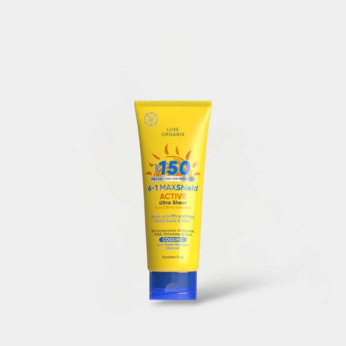 Luxe Organix 6 in 1 Maxshield Active Ultra Sheer Face and Body Sunscreen 100ml واقي الشمس لوكس أورجانيكس 6 في 1 ماكس شيلد أكتيف ألترا شير للوجه والجسم - Princess Cosmetics Qatar