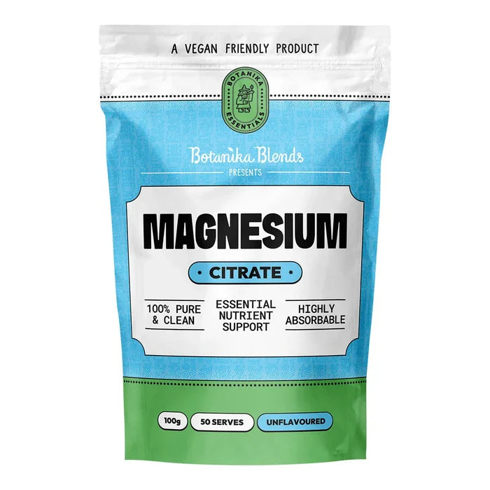 Package of Botanika Blends magnesium citrate on a white background. 100% pure & clean, essential nutrient support, highly absorbable. Unflavoured.