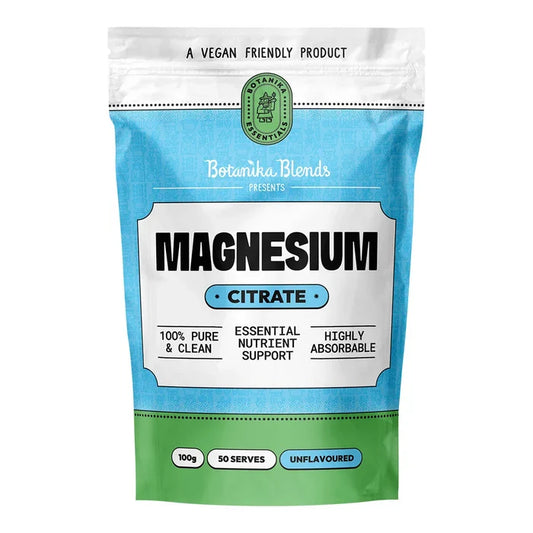 Package of Botanika Blends magnesium citrate on a white background. 100% pure & clean, essential nutrient support, highly absorbable. Unflavoured.