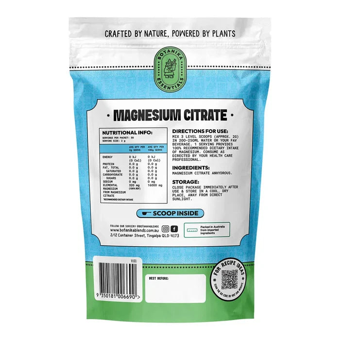 Back of Botanika Blends Magnesium Citrate with directions for use, ingredients, storage & nutritional information.