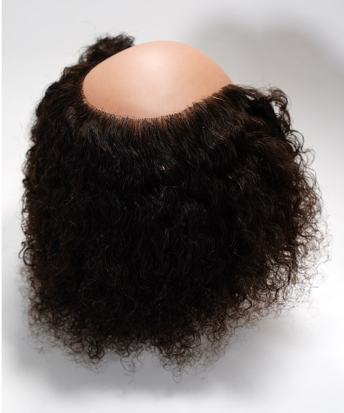 A curly, dark brown lace front wig showcased on a mannequin head against a plain white background.
