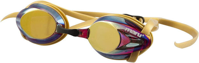 Sleek gold and purple Maru Pulse Mirror anti-fog swim goggles