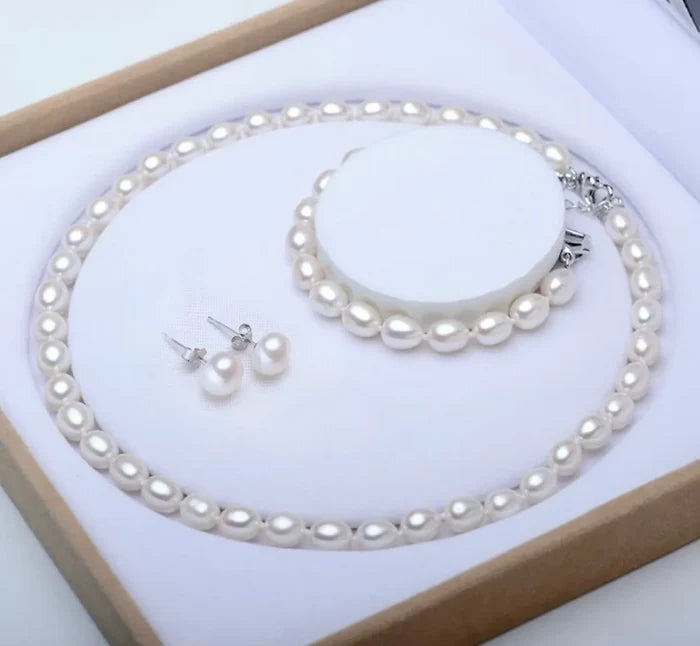Wedding Pearl Jewelry - Natural Freshwater Pearl 3-Piece Bridal Jewelry Set