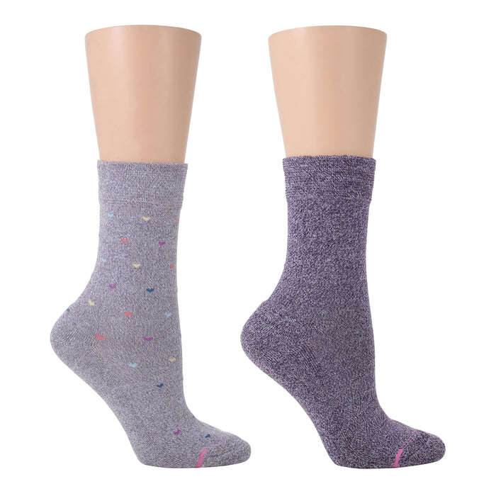 Two pairs of half-cushion socks for women, one with colorful hearts and the other in solid purple.