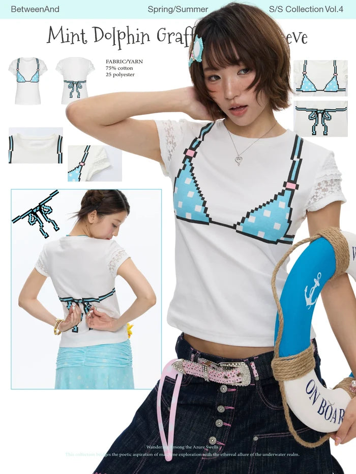 Mint green bikini print t-shirt with laced sleeves