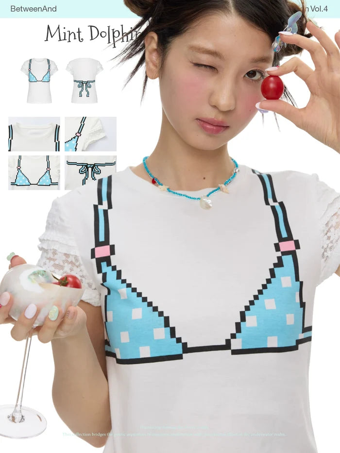 Mint green bikini print t-shirt with laced sleeves