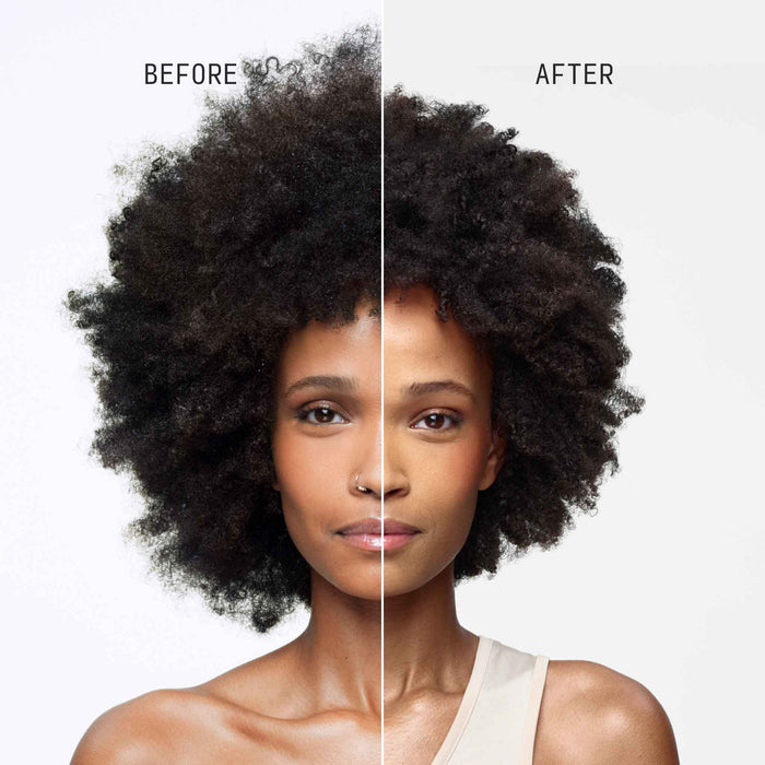Before and after front split image showing improved definition, softness, and manageability on dark coily hair after using Cécred Moisturizing Deep Conditioner