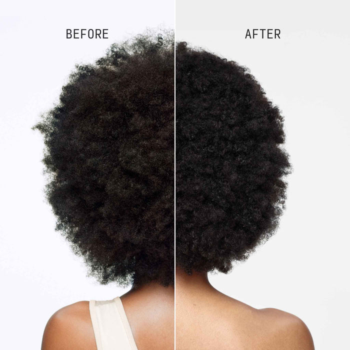 Before and after split rear image showing improved definition, softness, and manageability on dark coily hair after using Cécred Moisturizing Deep Conditioner