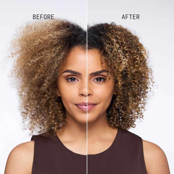Before and after front split image showing smoother, shinier and more defined curls on blonde highlighted curly hair after using Cécred Moisturizing Deep Conditioner