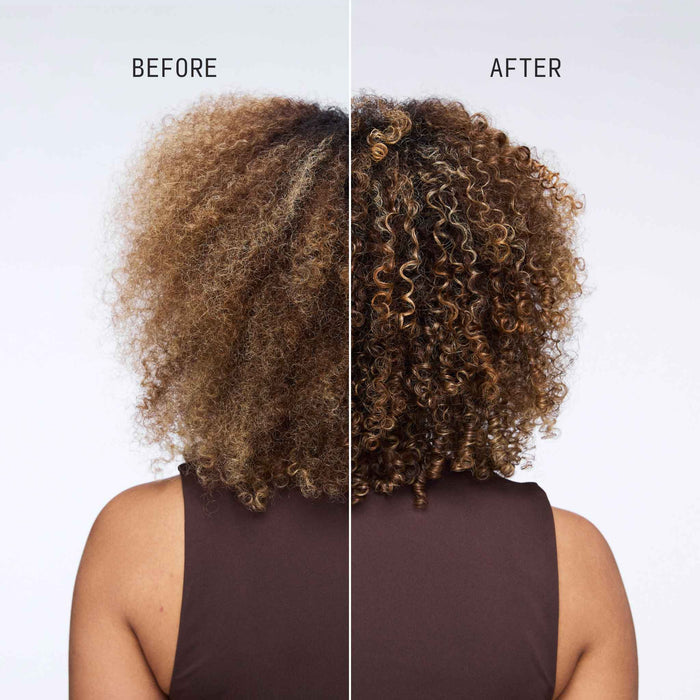 Before and after rear split image showing smoother, shinier and more defined curls on blonde highlighted curly hair after using Cécred Moisturizing Deep Conditioner