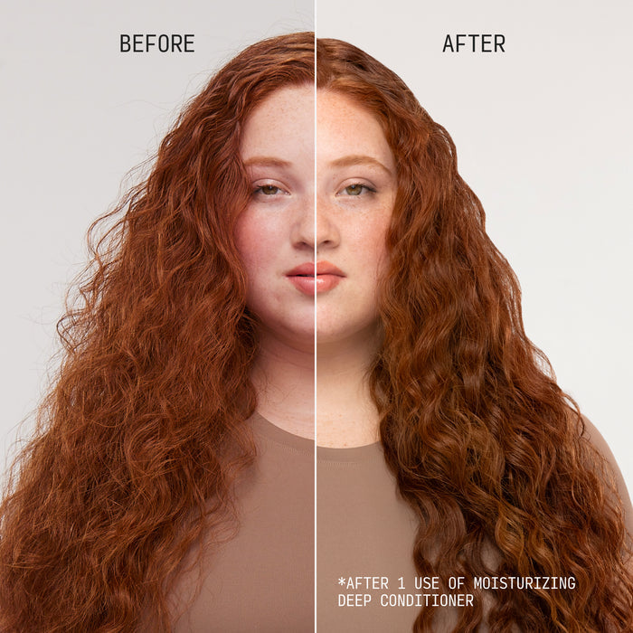 Before-and-after portrait of woman with curly red hair showing defined, smoothed waves after one use of Cécred Moisturizing Deep Conditioner.