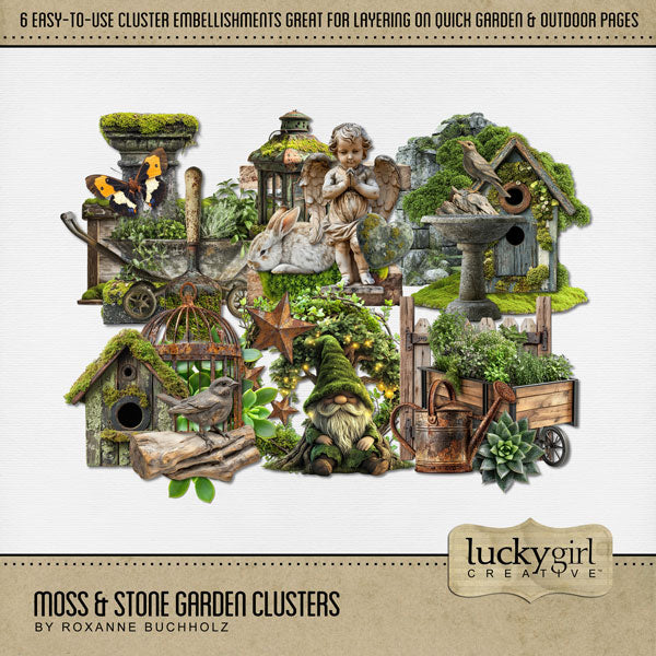 Create beautiful secret garden pages with these easy-to-use moss and stone digital scrapbooking cluster embellishments by Lucky Girl Creative digital art. Embellishments include bird, bird cage, bird house, gnome, succulent, watering can, wagon, wood fence, lantern, angel, bunny rabbit, bird bath, stone wall, butterfly, and gardening tools. This kit is included in the Moss & Stone Garden Bundle.