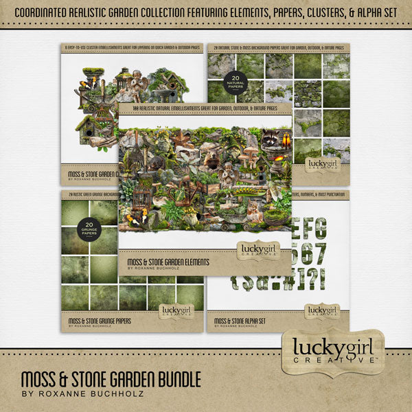 Create beautiful secret garden pages with this realistic bundle filled with embellishments, papers, clusters, and mossy alpha set by Lucky Girl Creative digital art. Embellishments include bunny rabbit, groundhog, mole, raccoon, squirrel, stone arch, moss, bird, statue, bird feeder, bird bath, bird cage, bird house, bridge, column, door, fleur de lis, frame, gnome, greenhouse, heart, butterfly, Chrysalis, caterpillar, cicada, bug, insect, dragonfly, firefly, beetle, termite, key, lantern, mushroom, picnic.