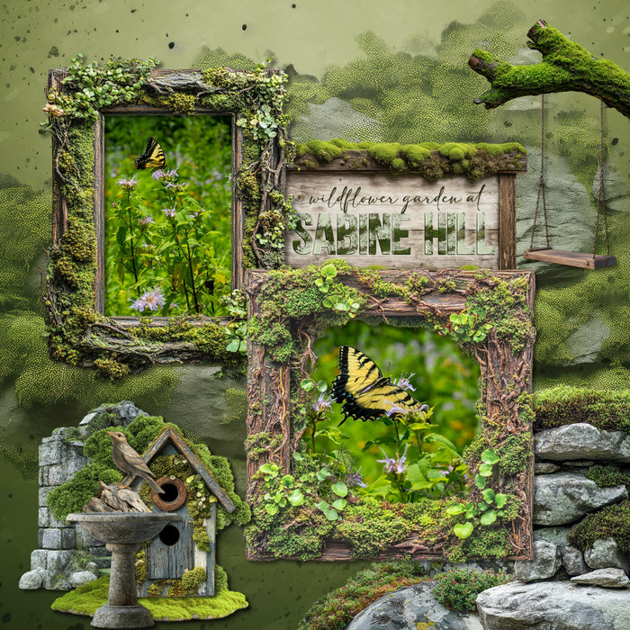 Create beautiful secret garden pages with this realistic bundle filled with embellishments, papers, clusters, and mossy alpha set by Lucky Girl Creative digital art. Embellishments include bunny rabbit, groundhog, mole, raccoon, squirrel, stone arch, moss, bird, statue, bird feeder, bird bath, bird cage, bird house, bridge, column, door, fleur de lis, frame, gnome, greenhouse, heart, butterfly, Chrysalis, caterpillar, cicada, bug, insect, dragonfly, firefly, beetle, termite, key, lantern, mushroom, picnic.