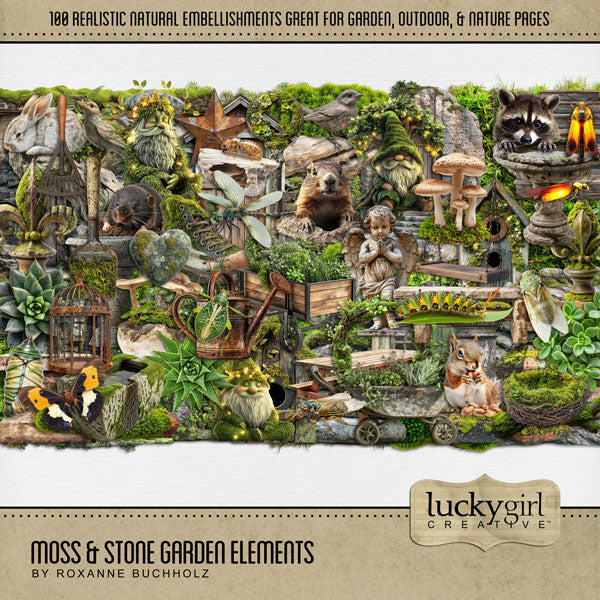 Create beautiful secret garden pages with these realistic moss and stone digital scrapbooking embellishments by Lucky Girl Creative digital art. Embellishments include bunny rabbit, groundhog, mole, raccoon, squirrel, stone arch, moss, bird, statue, bird feeder, bird bath, bird cage, bird house, bridge, column, door, fleur de lis, frame, gnome, greenhouse, heart, butterfly, Chrysalis, caterpillar, cicada, bug, insect, dragonfly, firefly, beetle, termite, key, lantern, mushroom, picnic table, rock, stone.