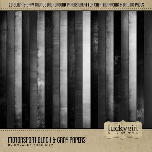 Rev your engines and get ready to go! This black and gray grunge paper pack by Lucky Girl Creative digital art has all the fun and energy needed to capture your need for speed! Great for trips to the speedway, raceway, and road trips. This kit is included in the Motorsport Watercolor Bundle.