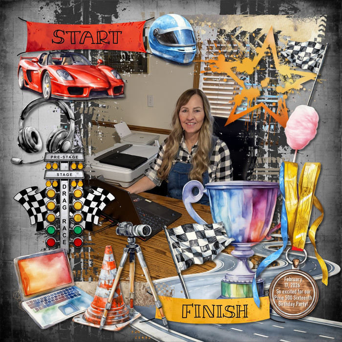 Rev your engines and get ready to go! This watercolor embellishments, papers, and grunge overlays collection by Lucky Girl Creative digital art has all the fun and energy needed to capture your need for speed! Great for trips to the speedway, raceway, classic car collectors, and road trips. Embellishments feature a touch of different car racing including NASCAR, IndyCar, Formula 1, motor racing, sports car racing, Rally car, auto racing, and more! Embellishments include milk, metal, award, trophy.