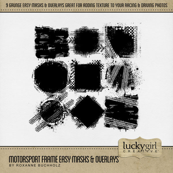 Create your own unique photo effects with these grunge easy masks & overlays by Lucky Girl Creative digital art that will add a subtle or bold effect to your digital scrapbooking pages. Fill the masks with your favorite color, photo, or paper. Great for trips to the speedway, raceway, classic car collectors, and road trips. In Photoshop, add the photo mask to your page, overlay with your favorite photo or digital paper, and create a clipping path for a stunning result.