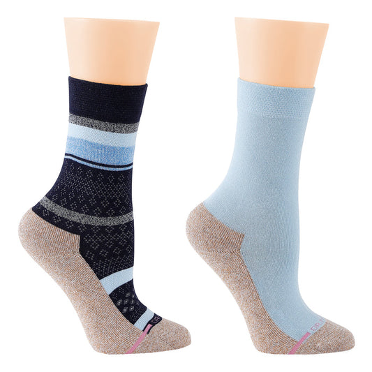 Two pairs of half-cushion socks featuring multi-stripe textures in navy blue and light blue colors.
