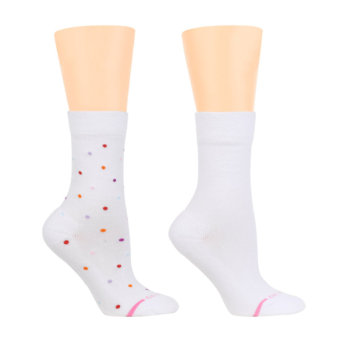 White half-cushion socks for women, one with colorful dots and the other solid white, featuring a pink accent.