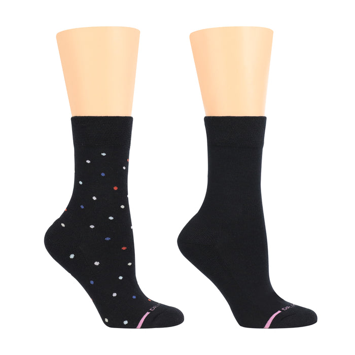 Black half-cushion socks for women, one solid and one with colorful polka dots, designed for diabetic comfort.