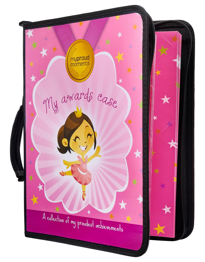 Pink ballerina awards case with black trim and gold accents for proud moments medal