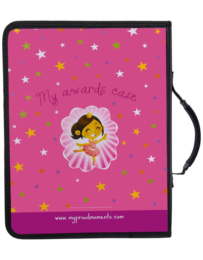 Pink ballerina award case with black trim for proud moments medal