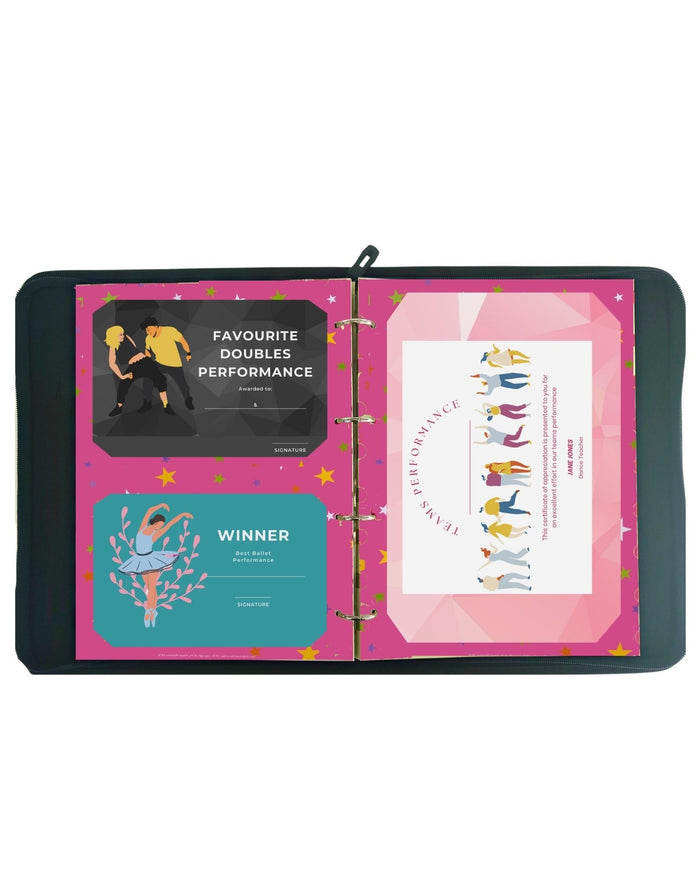 Pink dance proud moments medal case with black leather binder and colorful cards