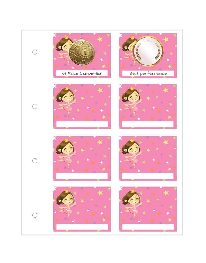 Pink dance proud moments medal sticker sheet with ballerina and medals