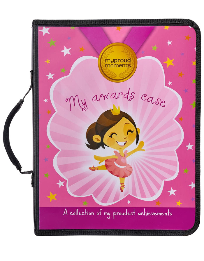 Pink ballerina proud moments medal case with black trim for dance awards