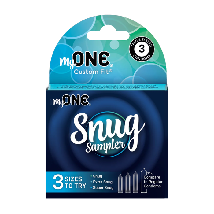 Front view of the myONE Custom Fit Snug Sampler box. The top of the packaging has a teal and blue bubble pattern with the branding "myONE Custom Fit" and a "Triple Tested" seal. The main box is dark blue with a circular ripple effect behind the large white text "Snug Sampler." A light blue bar at the bottom indicates the pack contains 3 sizes to try: Snug, Extra Snug, and Super Snug.
