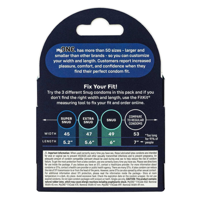 MyONE Snug Fit Sampler box of 3 different size condoms from the back of the box, in a white background.