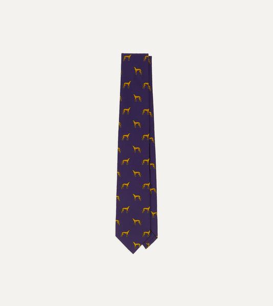 Navy and Yellow Dog Print Silk Tie