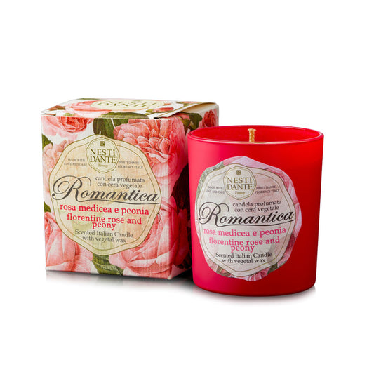 Florentine Rose & Peony candle, red glass jar with “Romantica” label and gift box