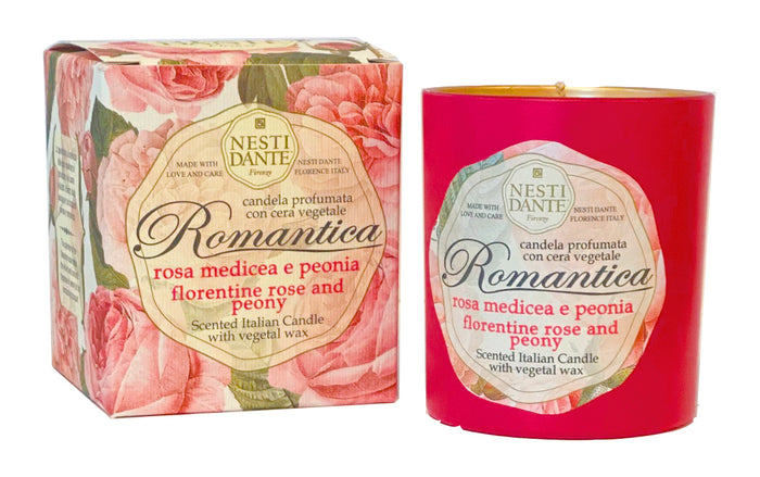 Florentine Rose & Peony candle in red glass jar, gold top wick and Romantica label