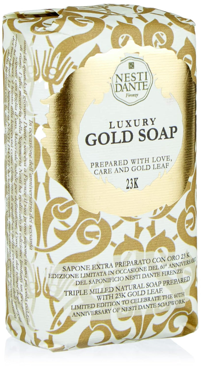 Wrapped Luxury Gold Soap bar, ornate gold-and-cream label on pack