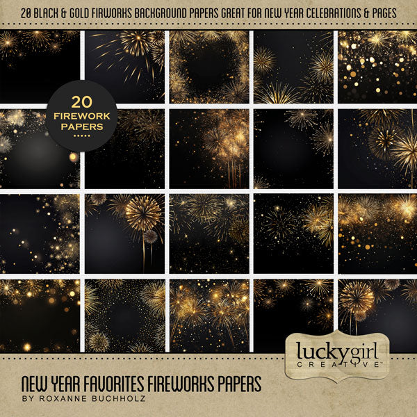 With elegant gold fireworks against a black background, these digital scrapbooking papers by Lucky Girl Creative digital art are great for special occasions including New Year's, graduation, wedding, anniversary, black tie events, and more! This kit is included in the New Year Favorites Papers Bundle.