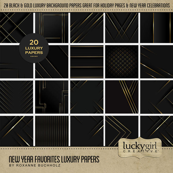 With elegant geometric gold lines against a black background, these digital scrapbooking papers by Lucky Girl Creative digital art are great for special occasions including New Year's, graduation, wedding, anniversary, black tie events, and more! This kit is included in the New Year Favorites Papers Bundle.