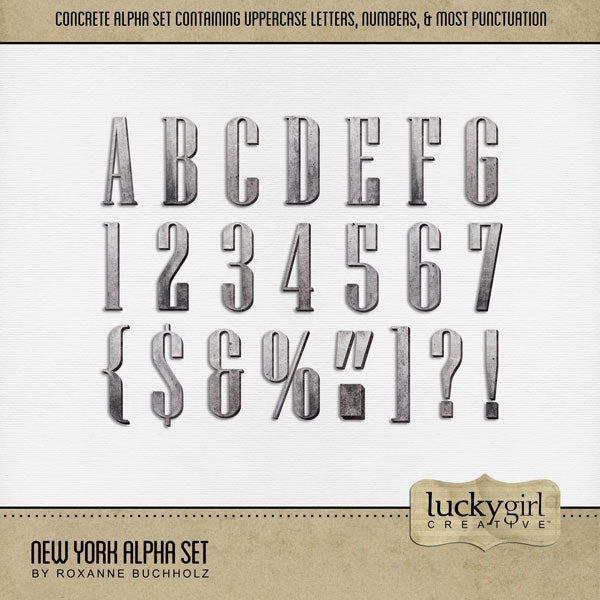 These narrow concrete alphabet and number digital scrapbooking embellishments by Lucky Girl Creative digital art are easy to use for digital scrapbook page titles for travel and vacations to New York City, other downtown locations, and everyday pages, too! The New York Alpha Set consists of a full set of digital art uppercase alphabet letters A-Z, numbers 0-9, and most punctuation marks. This alpha set is available as individual embellishments only. This kit is included in the New York Bundle.