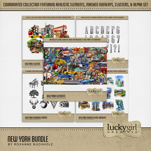 Celebrate New York with these beautiful realistic embellishments, clusters, masked scenic overlays, engraved stamps, and concrete alpha set by Lucky Girl Creative digital art for digital scrapbooking. Great for travel and vacations to New York, New York City, Upstate New York, downtown, Niagara Falls, Buffalo, Yonkers, Rochester, parts of Canada, and more. Embellishments include passenger airplane, small aircraft, airport sign, amusement park, Coney Island, carousel, bird, bluebird, Canadian Geese.